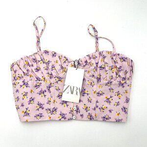 NWT Zara Floral Linen Blend Crop Top Tank Top Size Medium